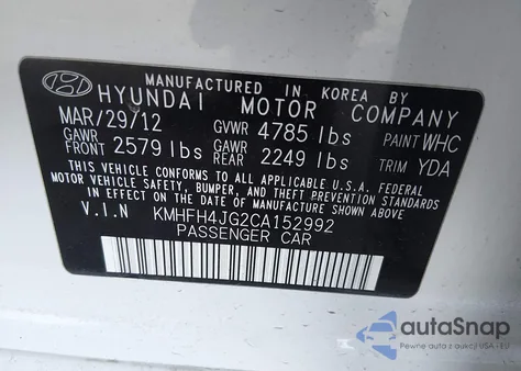 2012 Hyundai Azera из США, поврежденный, VIN KMHFH4JG2CA152992